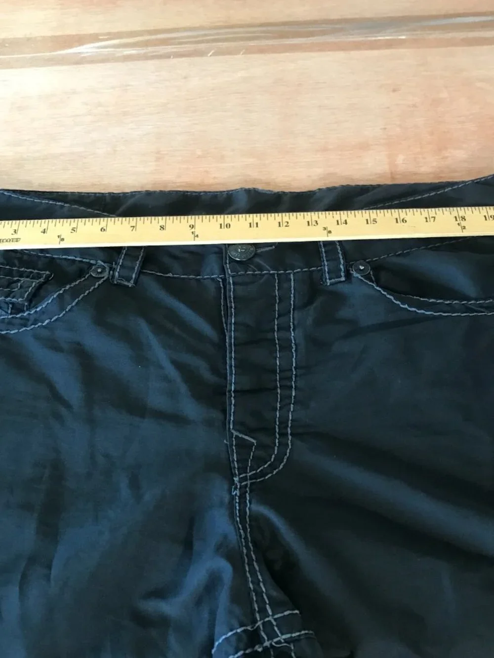 True Religion World Tour Surf Board Shorts Men 40 Black Button Fly Flip Pocket